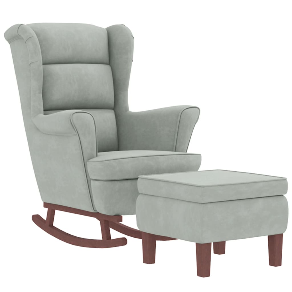 Chaise à bascule et tabouret avec pieds en bois et velours gris clair