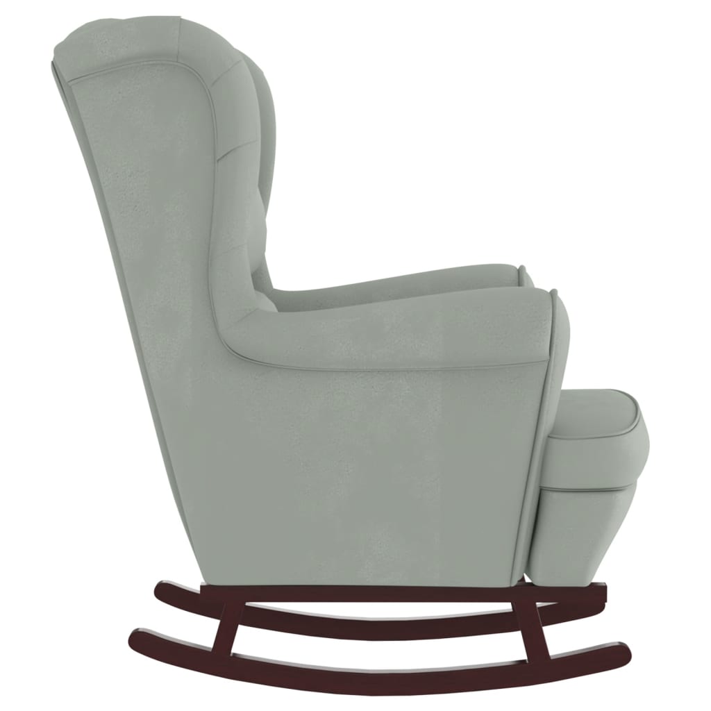 Chaise à bascule et tabouret avec pieds en bois et velours gris clair
