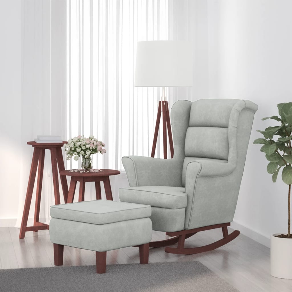 Chaise à bascule et tabouret avec pieds en bois et velours gris clair