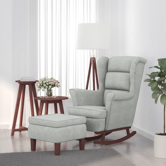 Chaise à bascule et tabouret avec pieds en bois et velours gris clair
