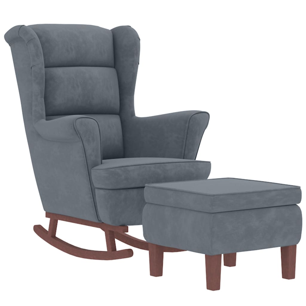Chaise à bascule et tabouret avec pieds en bois et velours gris foncé