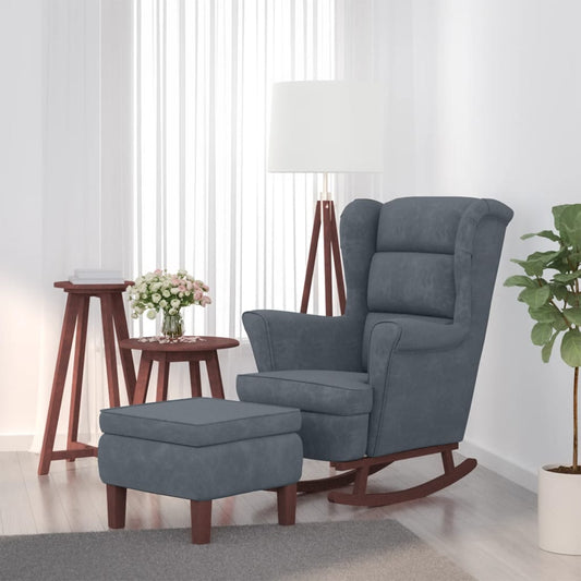 Chaise à bascule et tabouret avec pieds en bois et velours gris foncé