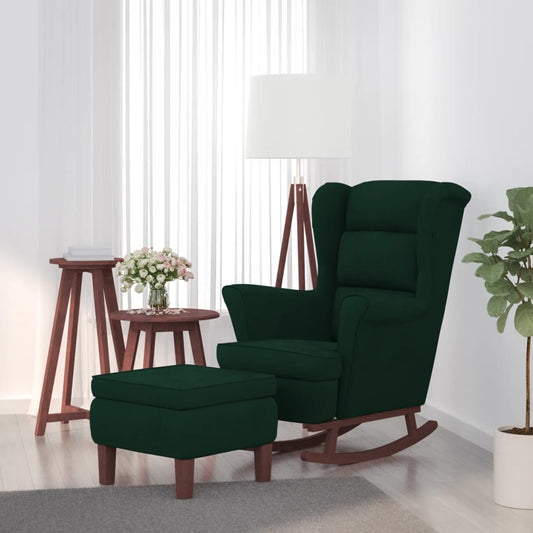 Chaise à bascule et tabouret avec pieds en bois velours vert foncé