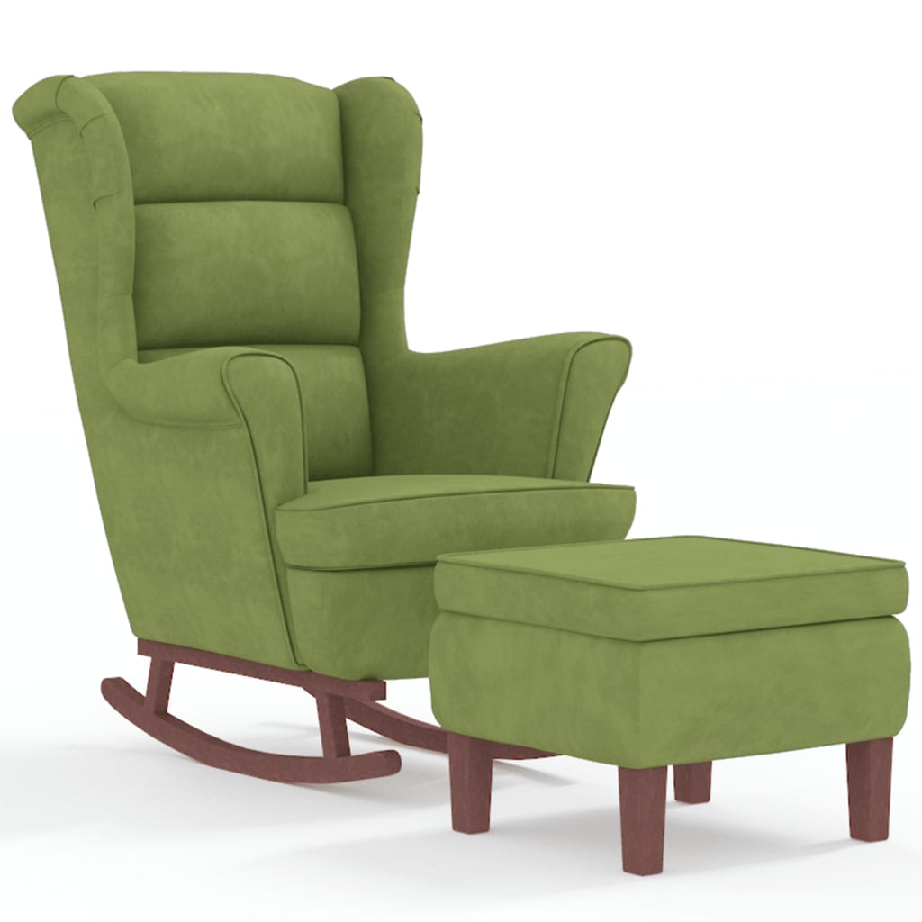 Chaise à bascule et tabouret avec pieds en bois velours vert clair