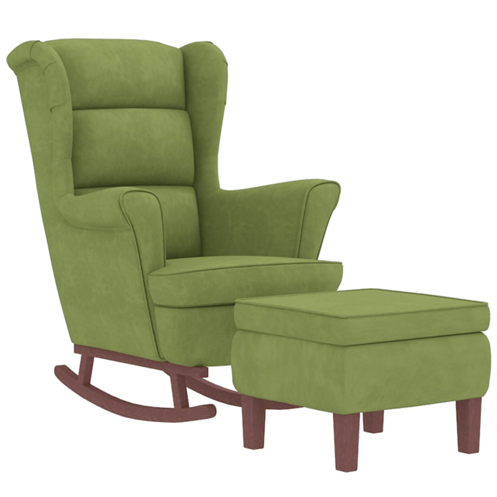 Chaise à bascule et tabouret avec pieds en bois velours vert clair