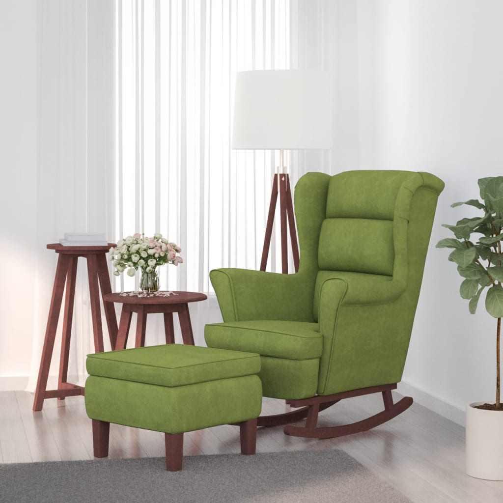 Chaise à bascule et tabouret avec pieds en bois velours vert clair