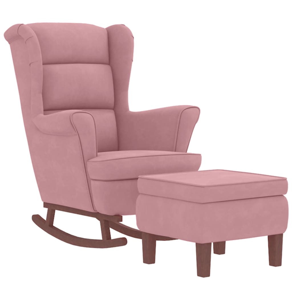 Chaise à bascule et tabouret avec pieds en bois velours rose