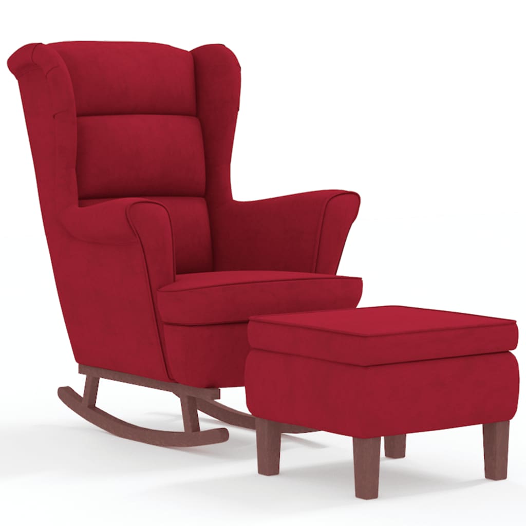 Chaise à bascule et tabouret avec pieds en bois et velours rouge vin
