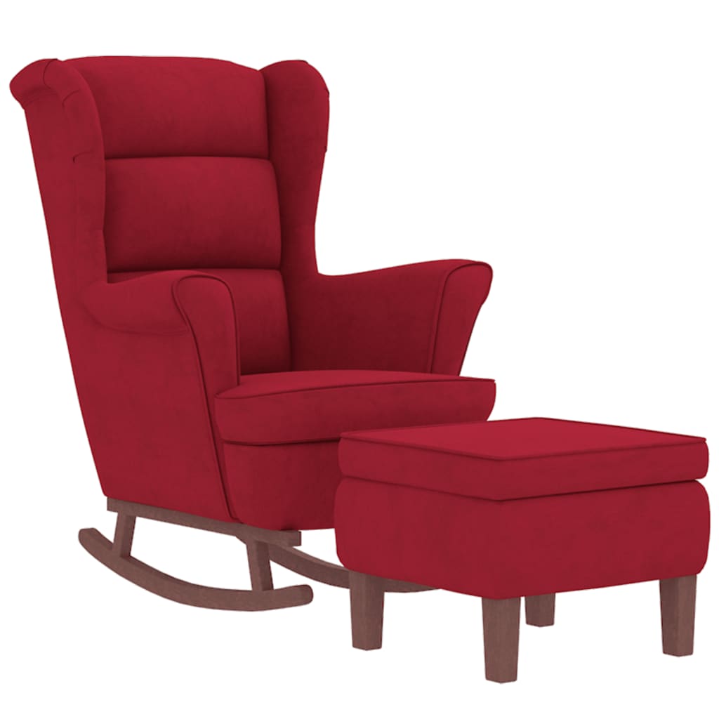 Chaise à bascule et tabouret avec pieds en bois et velours rouge vin