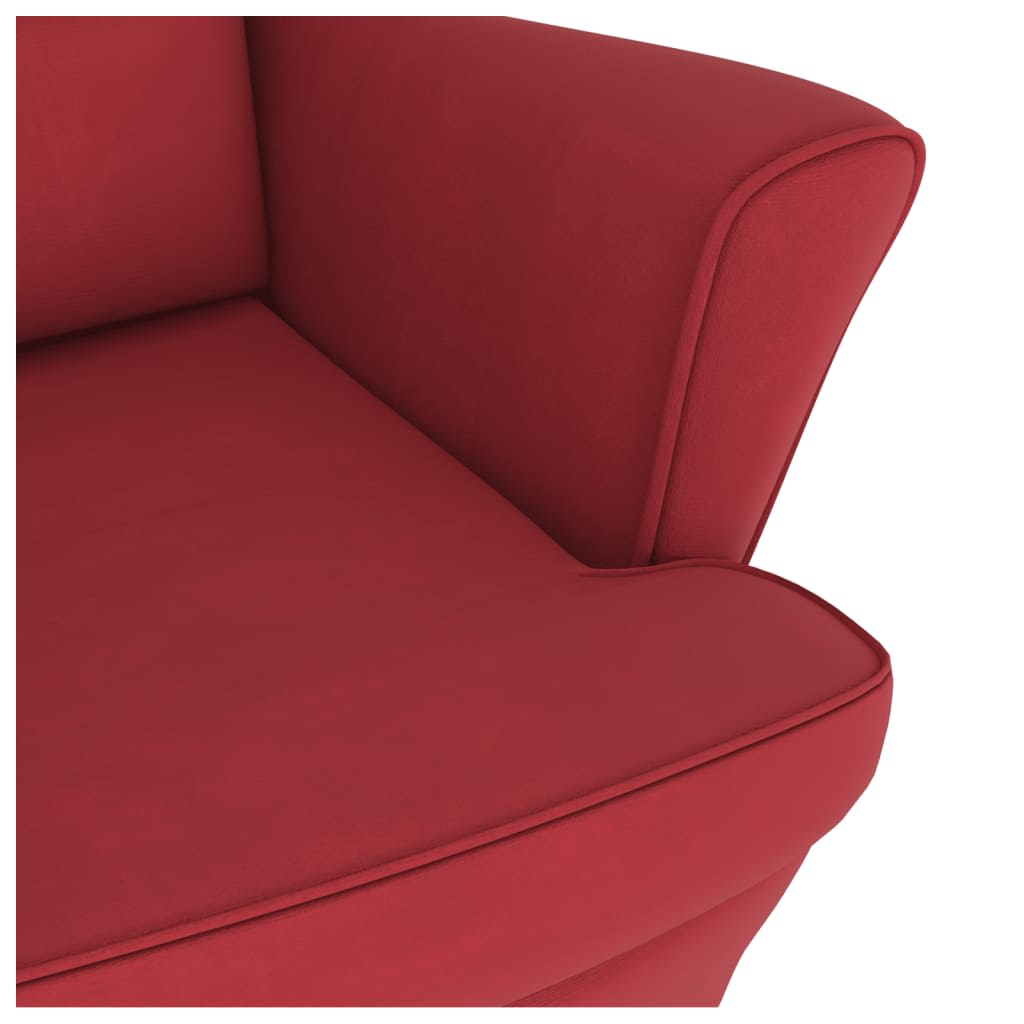 Chaise à bascule et tabouret avec pieds en bois et velours rouge vin
