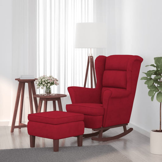 Chaise à bascule et tabouret avec pieds en bois et velours rouge vin