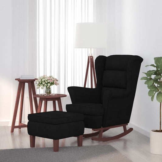 Chaise à bascule et tabouret avec pieds en bois Velours Noir