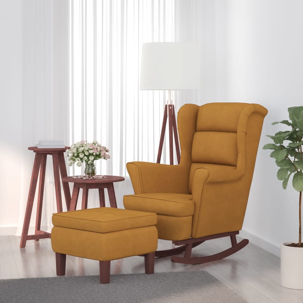 Chaise à bascule et tabouret avec pieds en bois velours marron