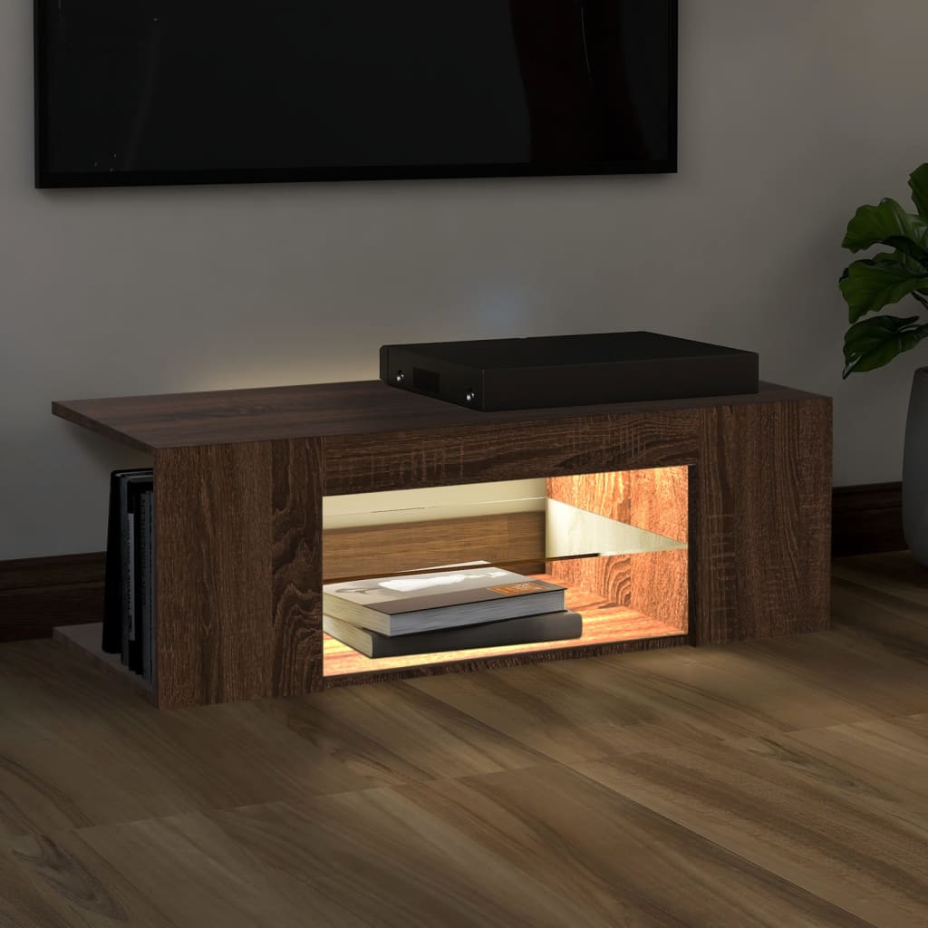 TV cabinet with LED lights brown oak look 90x39x30 cm