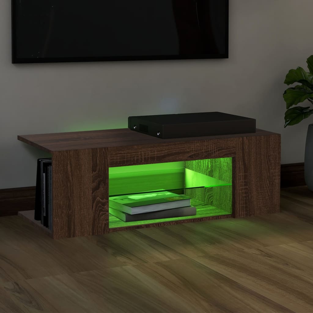 TV cabinet with LED lights brown oak look 90x39x30 cm