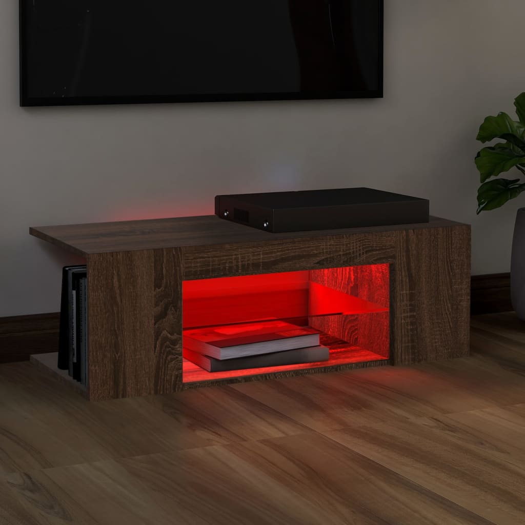 TV cabinet with LED lights brown oak look 90x39x30 cm