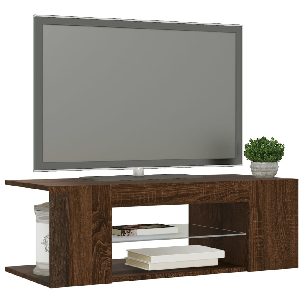 TV cabinet with LED lights brown oak look 90x39x30 cm