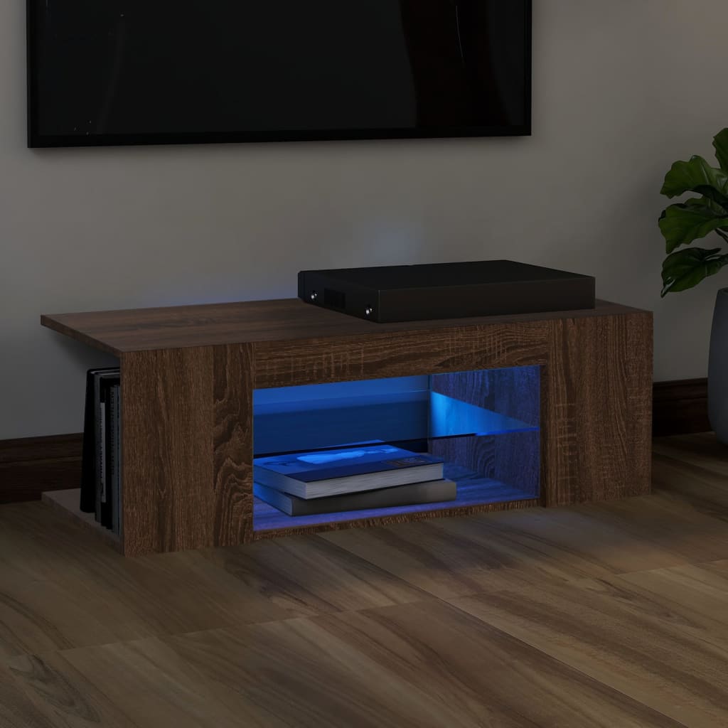 TV cabinet with LED lights brown oak look 90x39x30 cm