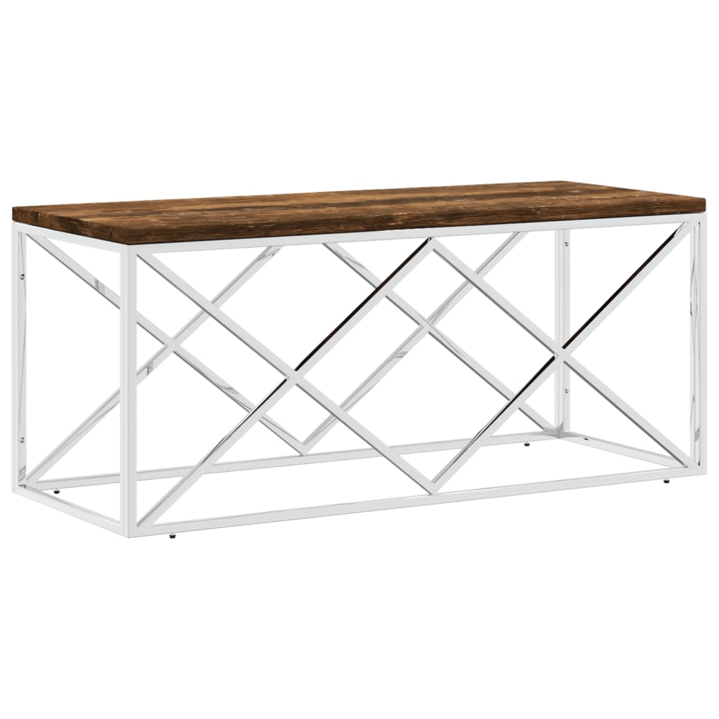Table basse en acier inoxydable et bois massif de récupération