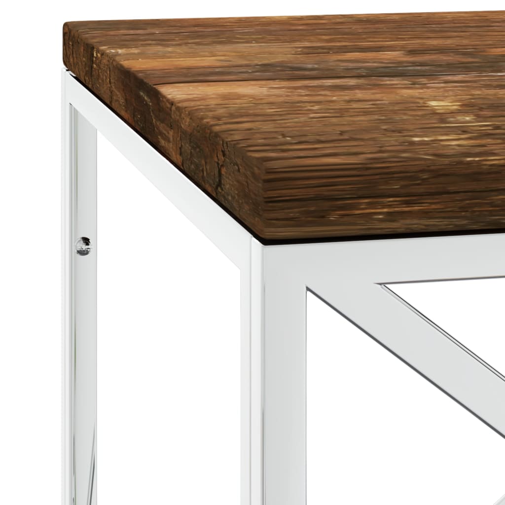 Table basse en acier inoxydable et bois massif de récupération
