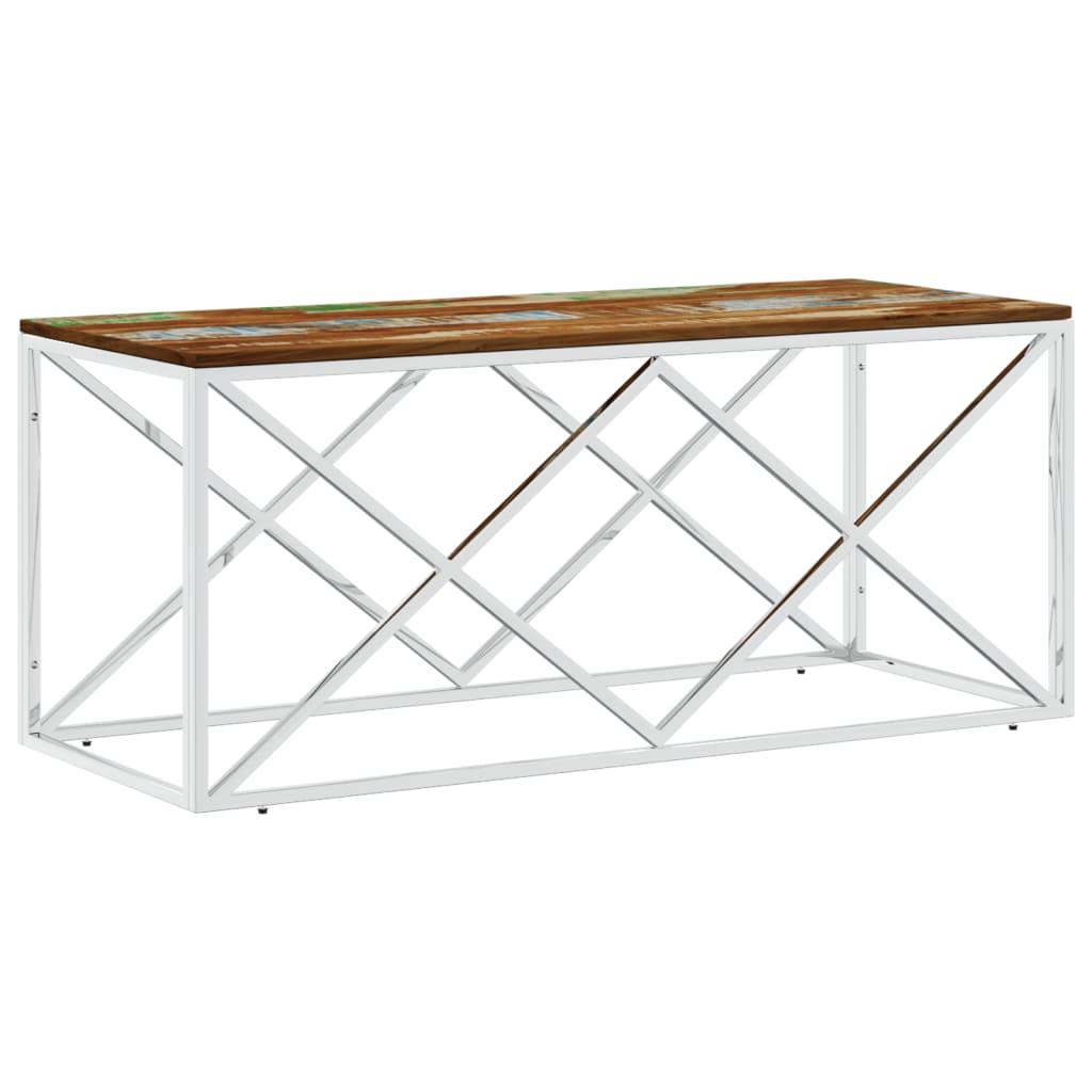 Table basse en acier inoxydable et bois massif de récupération