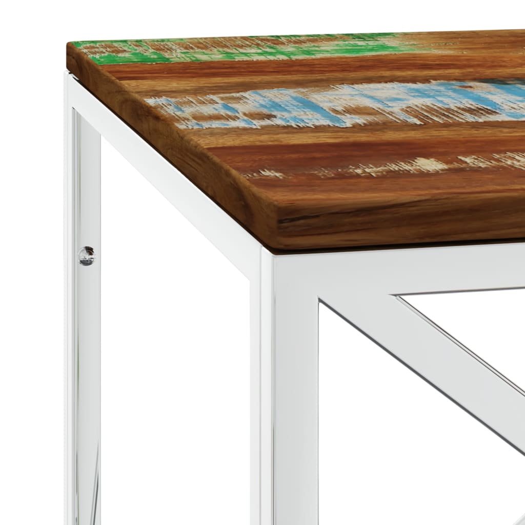 Table basse en acier inoxydable et bois massif de récupération