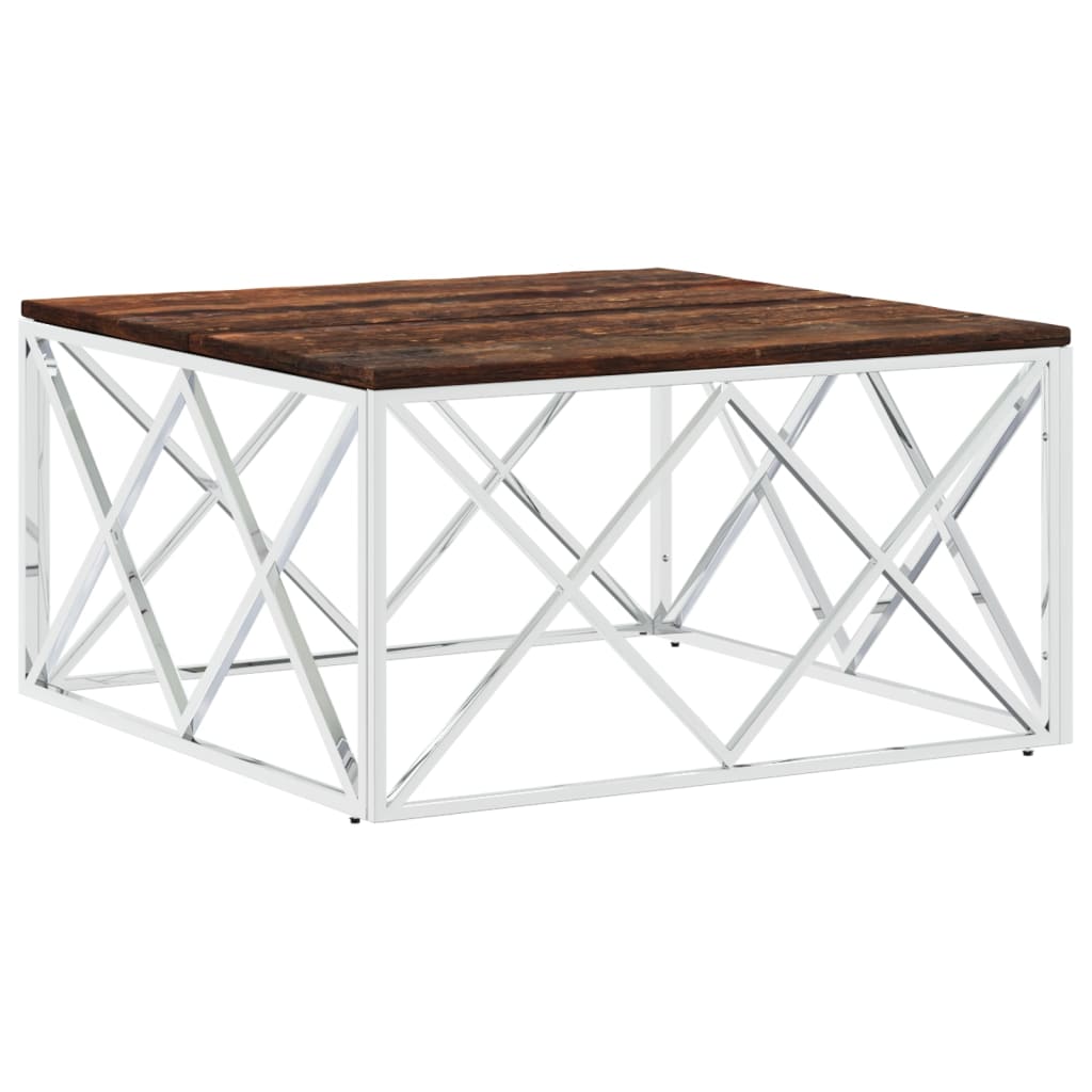 Table basse en acier inoxydable et bois massif de récupération
