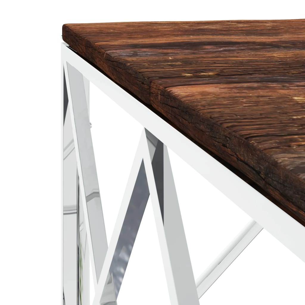 Table basse en acier inoxydable et bois massif de récupération
