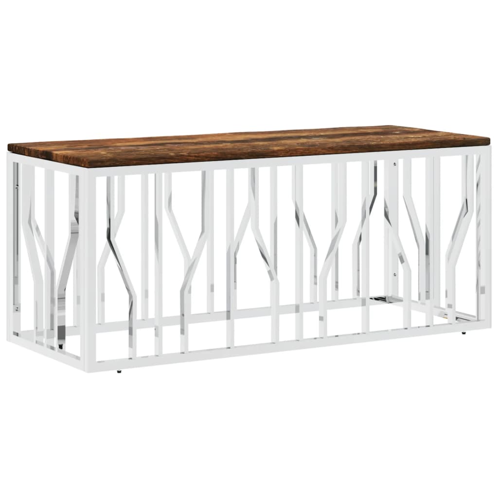Table basse en acier inoxydable et bois massif de récupération