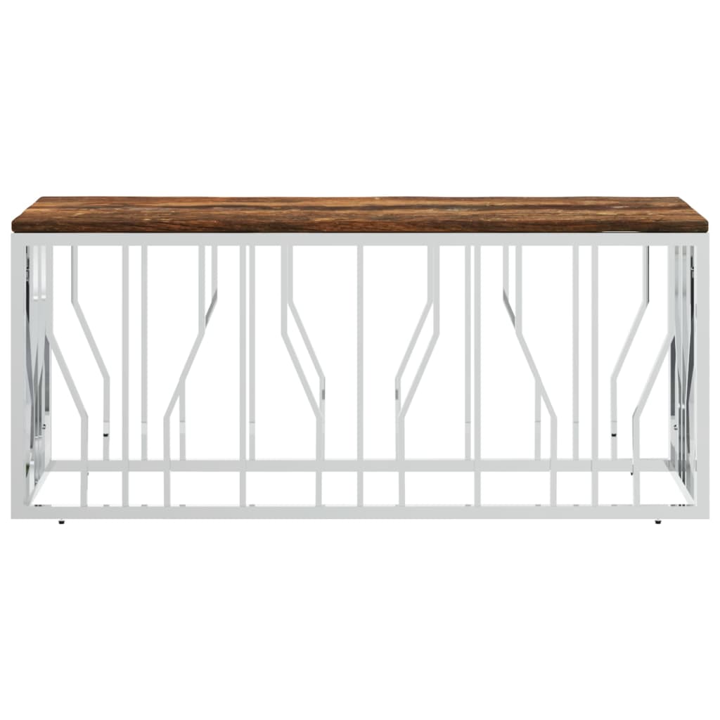 Table basse en acier inoxydable et bois massif de récupération