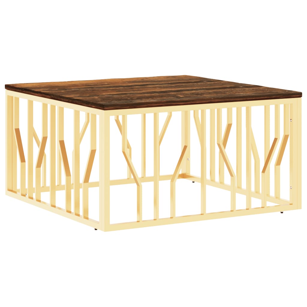 Table basse en acier inoxydable doré et bois massif de récupération
