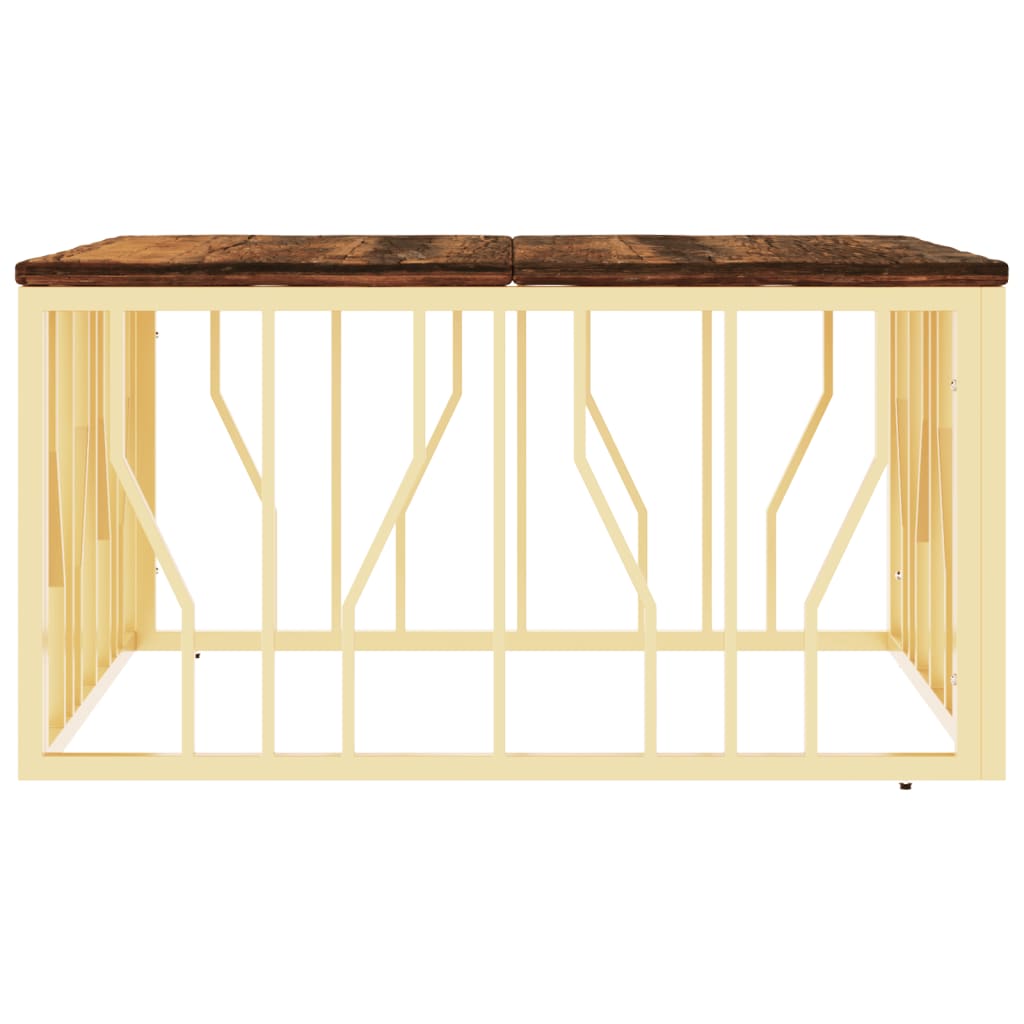 Table basse en acier inoxydable doré et bois massif de récupération