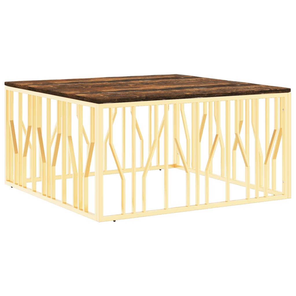 Table basse en acier inoxydable doré et bois massif de récupération
