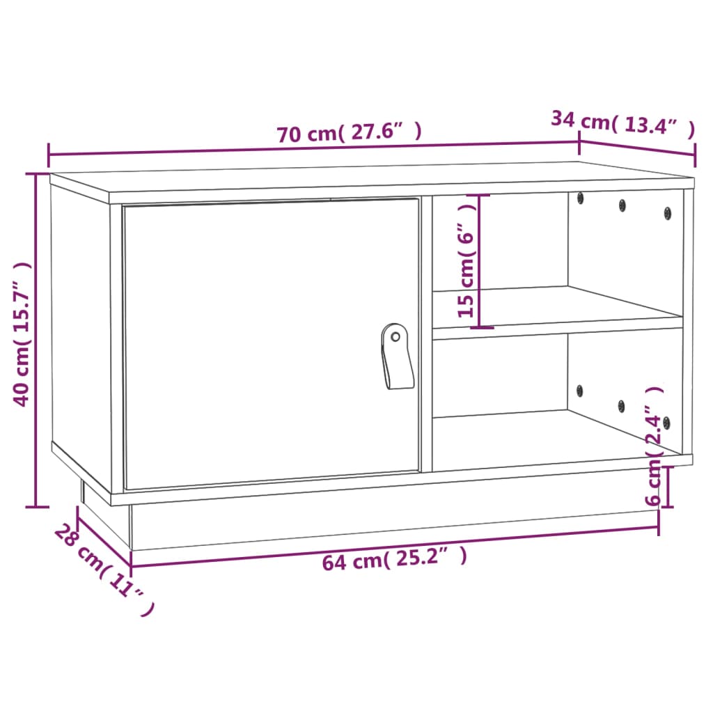 Meuble TV blanc 70x34x40 cm en bois de pin massif