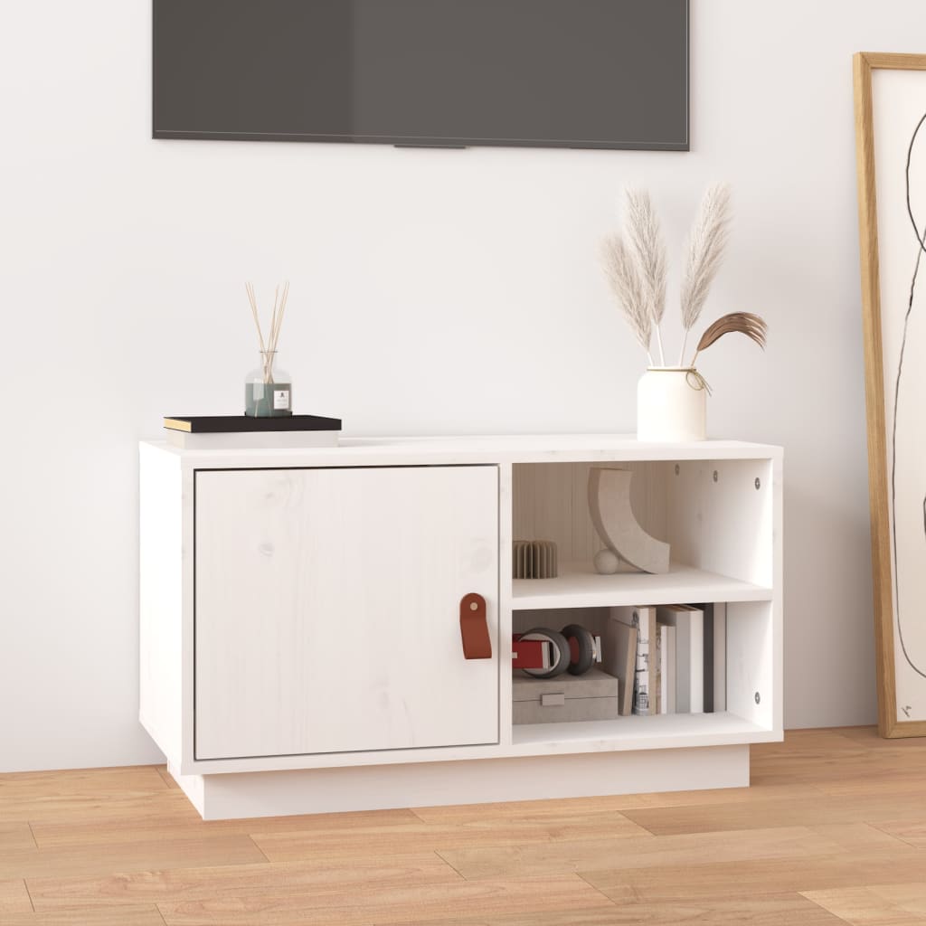 Meuble TV blanc 70x34x40 cm en bois de pin massif