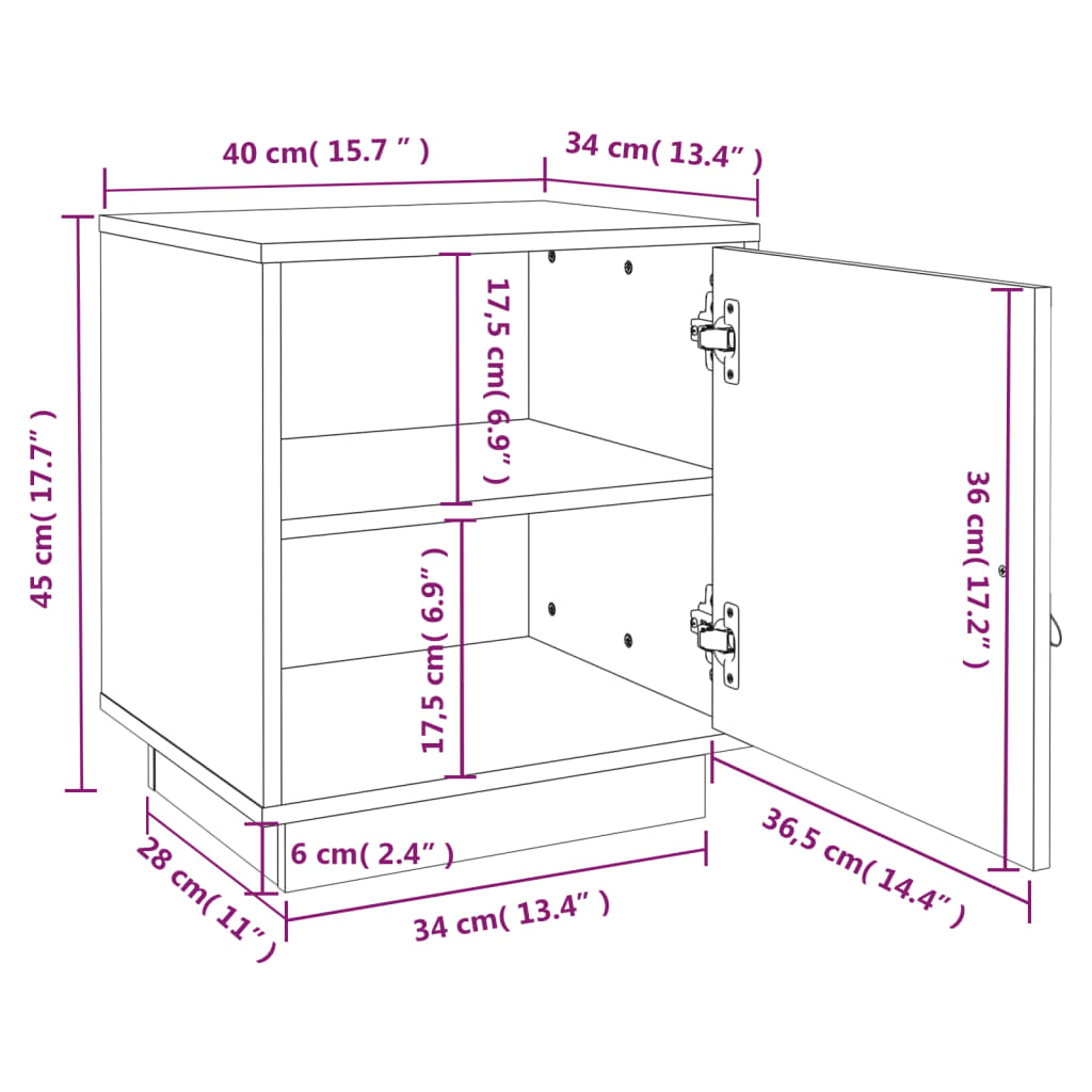 Table de chevet grise 40x34x45 cm en bois de pin massif