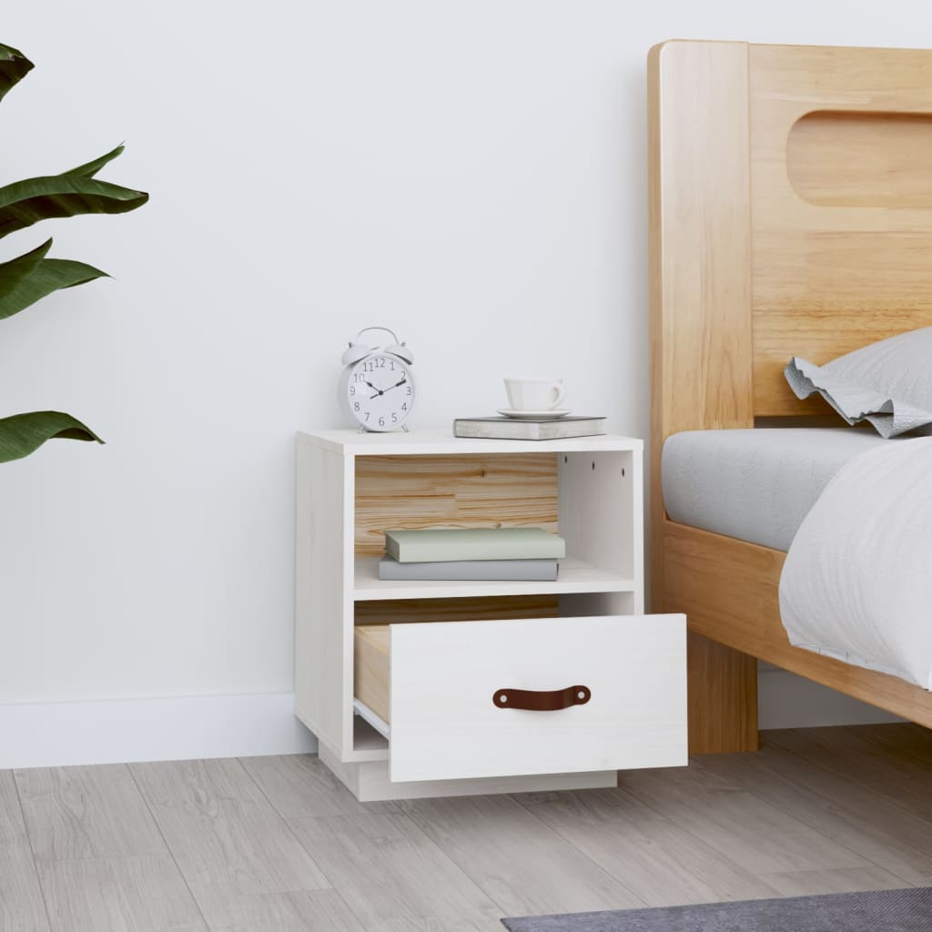 Table de chevet blanche 40x34x45 cm en bois de pin massif