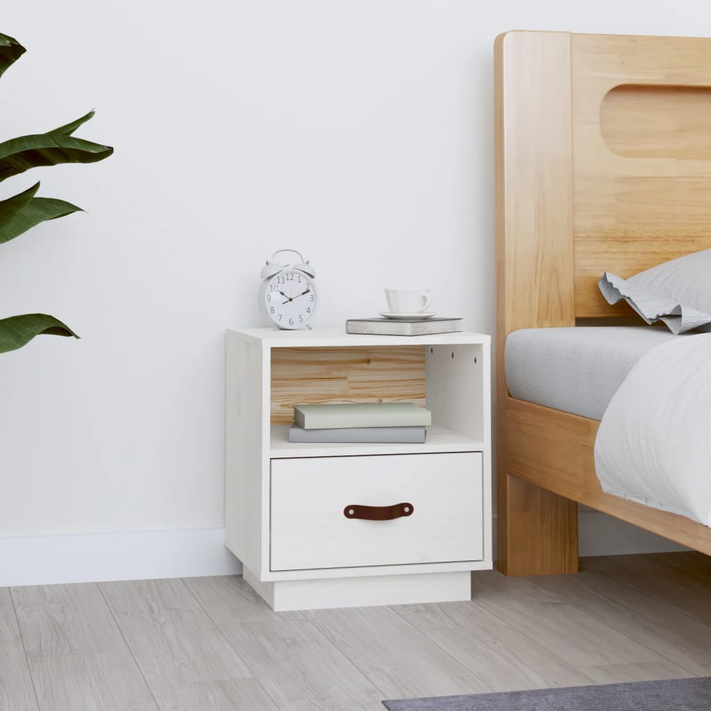 Table de chevet blanche 40x34x45 cm en bois de pin massif