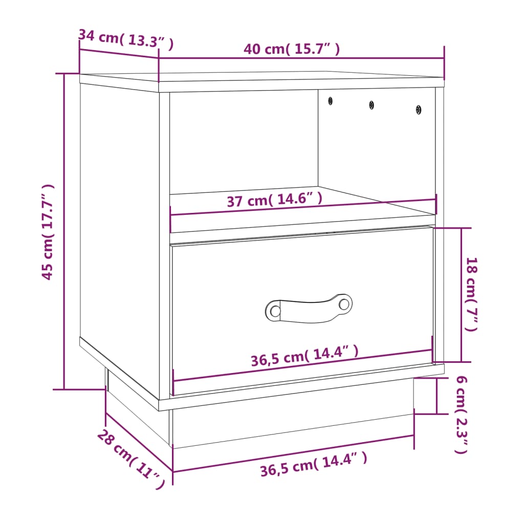 Table de chevet grise 40x34x45 cm en bois de pin massif