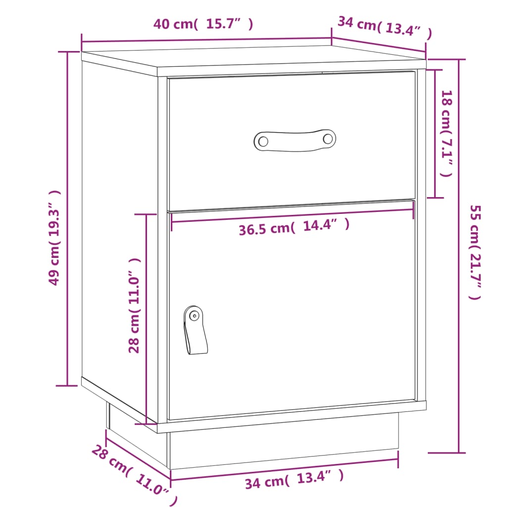 Table de chevet grise 40x34x55 cm en bois de pin massif