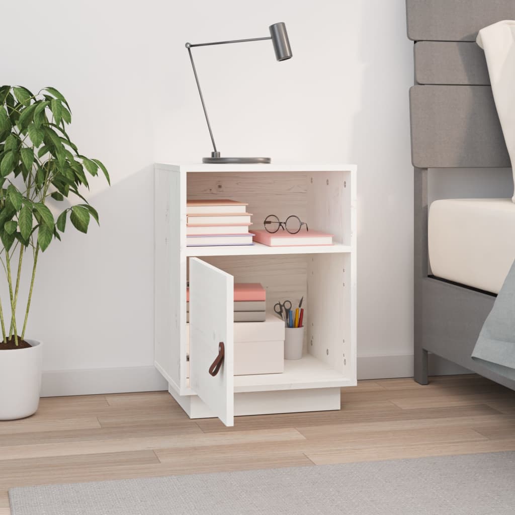 Table de chevet blanche 40x34x55 cm en bois de pin massif