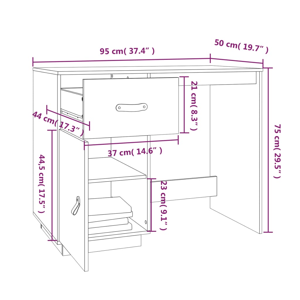 Bureau noir 95x50x75cm bois de pin massif