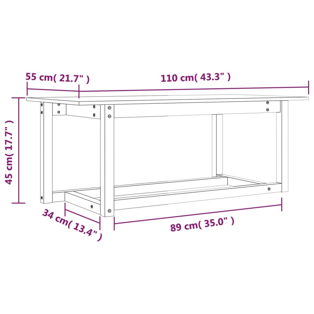 Table basse blanche 110x55x45 cm en bois de pin massif
