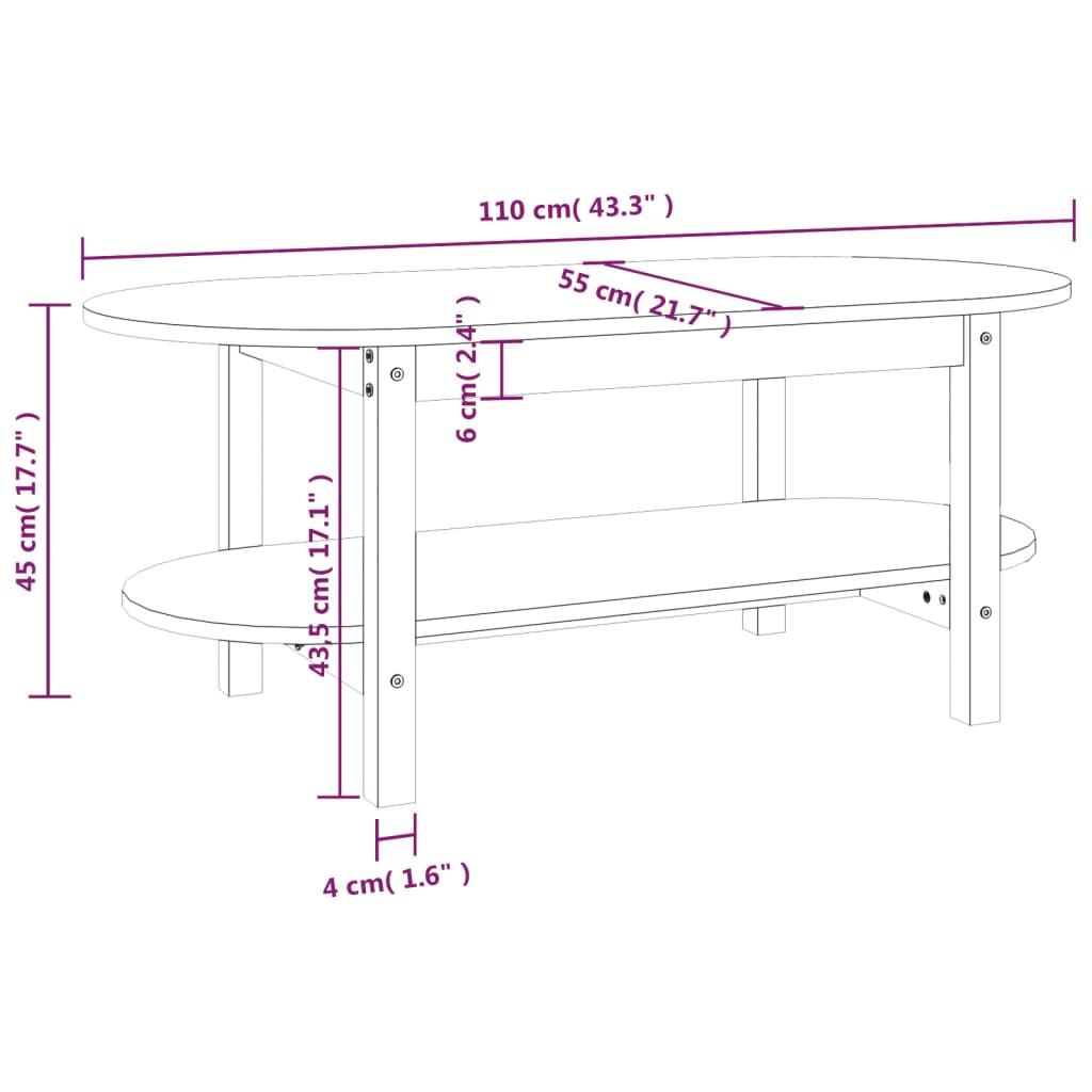 Table basse 110x55x45 cm en bois de pin massif