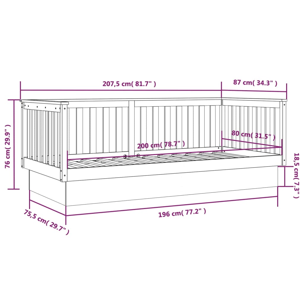 Lit de repos gris 80x200 cm en bois de pin massif