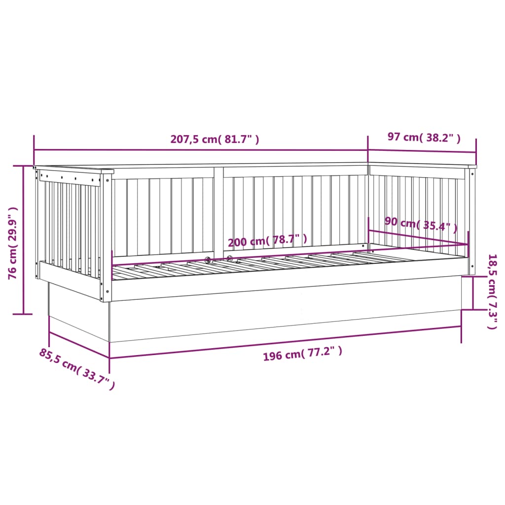 Lit de repos gris 90x200 cm en bois de pin massif