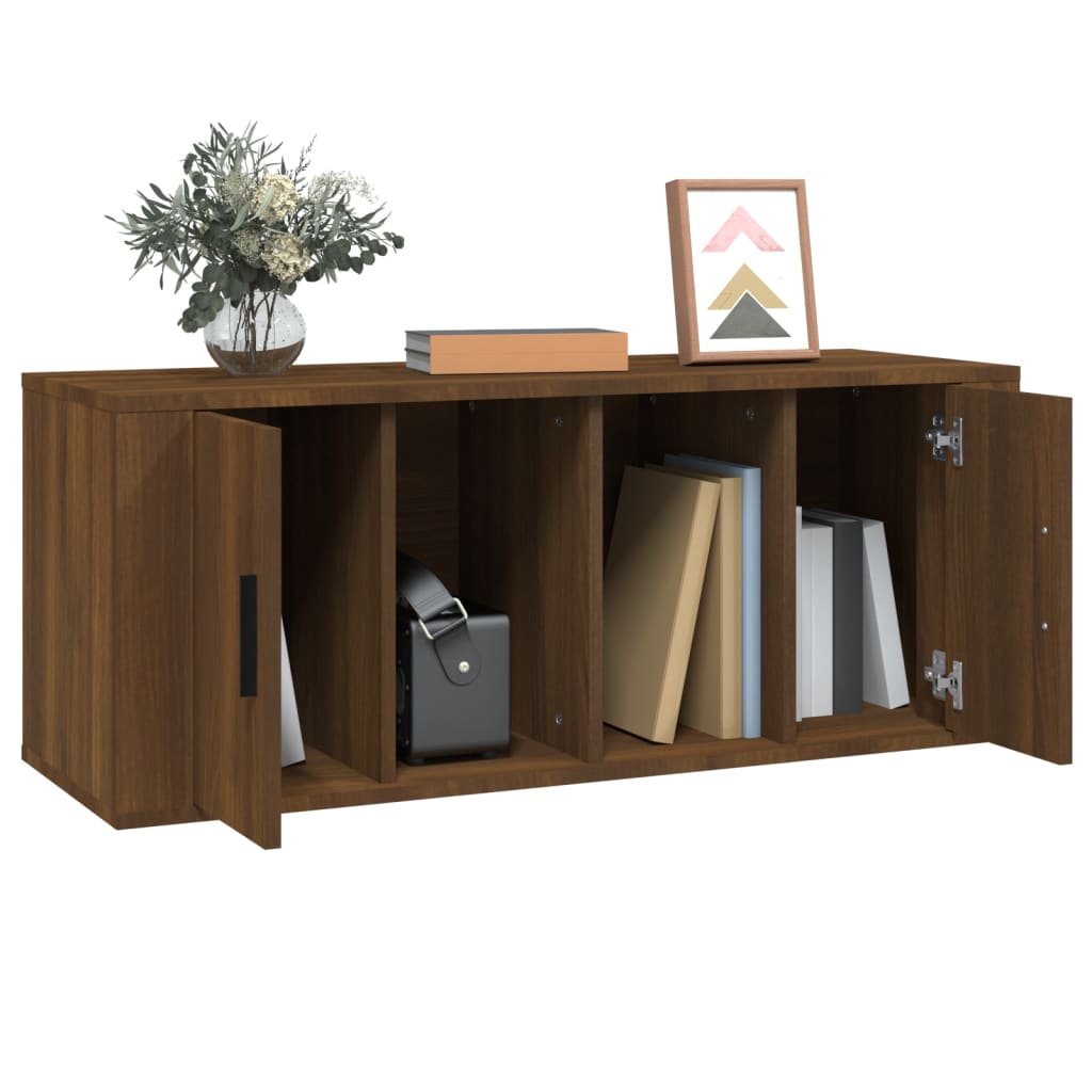 Meuble TV aspect chêne marron 100x35x40 cm matériau bois