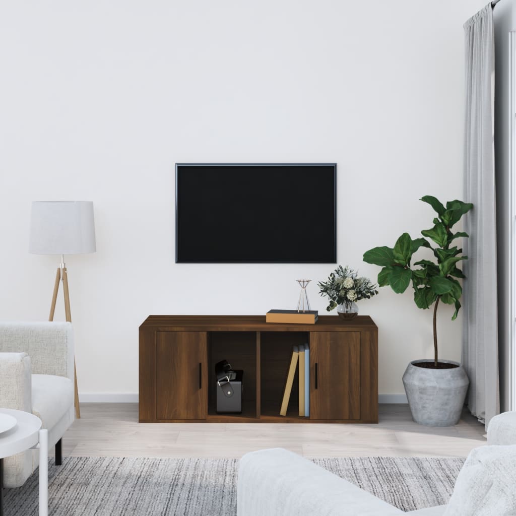 Meuble TV aspect chêne marron 100x35x40 cm matériau bois