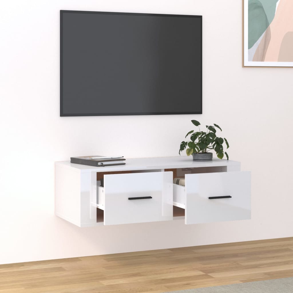 Meuble TV mural blanc brillant 80x36x25 cm en bois