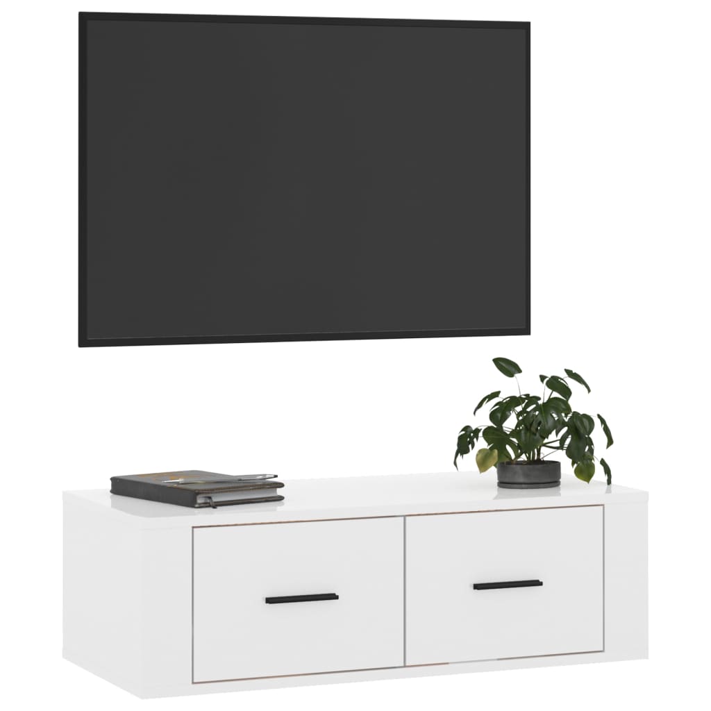 Meuble TV mural blanc brillant 80x36x25 cm en bois